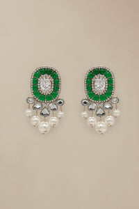 Buy Maria B Jewelry | Zircon Fine Jewelry | JER-035-Jade Green and White Lavishly exaggerated high quality Zircon fine earring This jewelry is from Maria B Heritage Collection 2022 in the UK USA and Australia. We are the largest stockist of Maria B Pakistani Jewelry, Ring Jhoomar Ranihaar necklace and earrings.