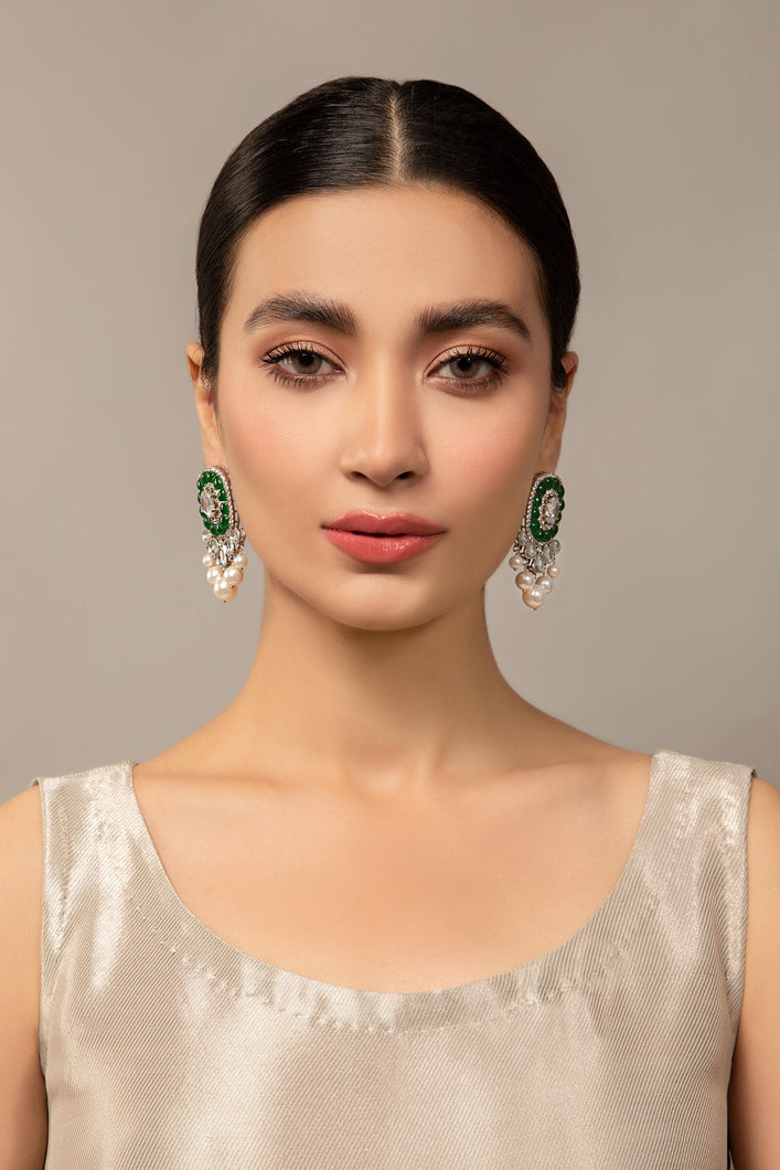 Buy Maria B Jewelry | Zircon Fine Jewelry | JER-035-Jade Green and White Lavishly exaggerated high quality Zircon fine earring This jewelry is from Maria B Heritage Collection 2022 in the UK USA and Australia. We are the largest stockist of Maria B Pakistani Jewelry, Ring Jhoomar Ranihaar necklace and earrings.