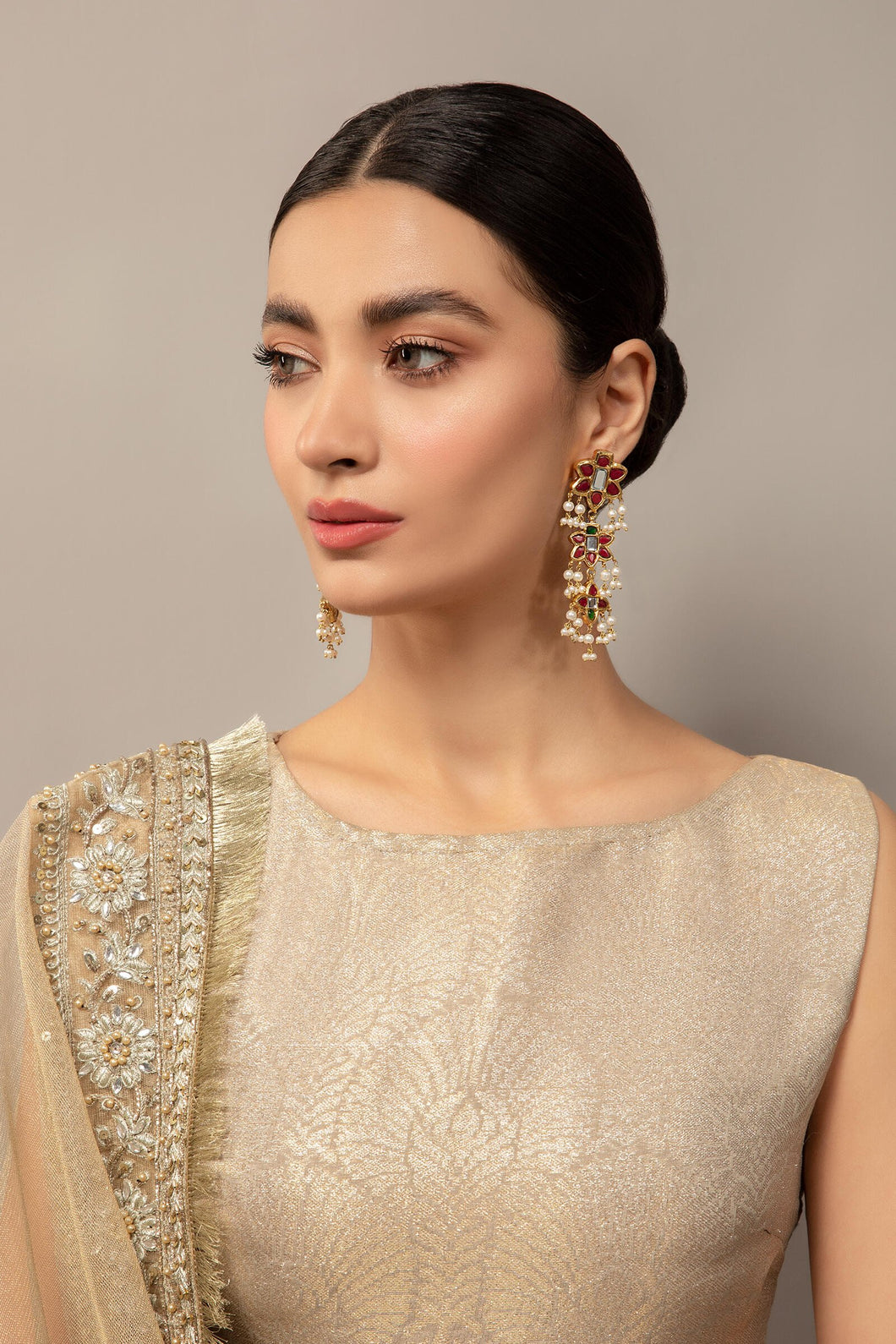 Buy Maria B Jewelry | Heritage Jewelry | JER-043-Red Chatham Lavishly exaggerated high quality Zircon fine earring This jewelry is from Maria B Heritage Collection 2022 in the UK USA and Australia. We are the largest stockist of Maria B Pakistani Jewelry, Ring Jhoomar Ranihaar necklace and earrings.