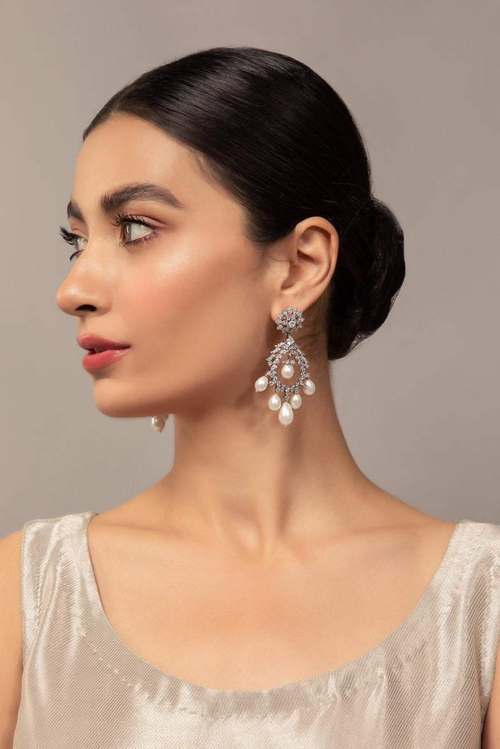 Buy Maria B Jewelry | Zircon Fine Jewelry | JER-045-White Rhodium Lavishly exaggerated high quality Zircon fine earring This jewelry is from Maria B Heritage Collection 2022 in the UK USA and Australia. We are the largest stockist of Maria B Pakistani Jewelry, Ring Jhoomar Ranihaar necklace and earrings.