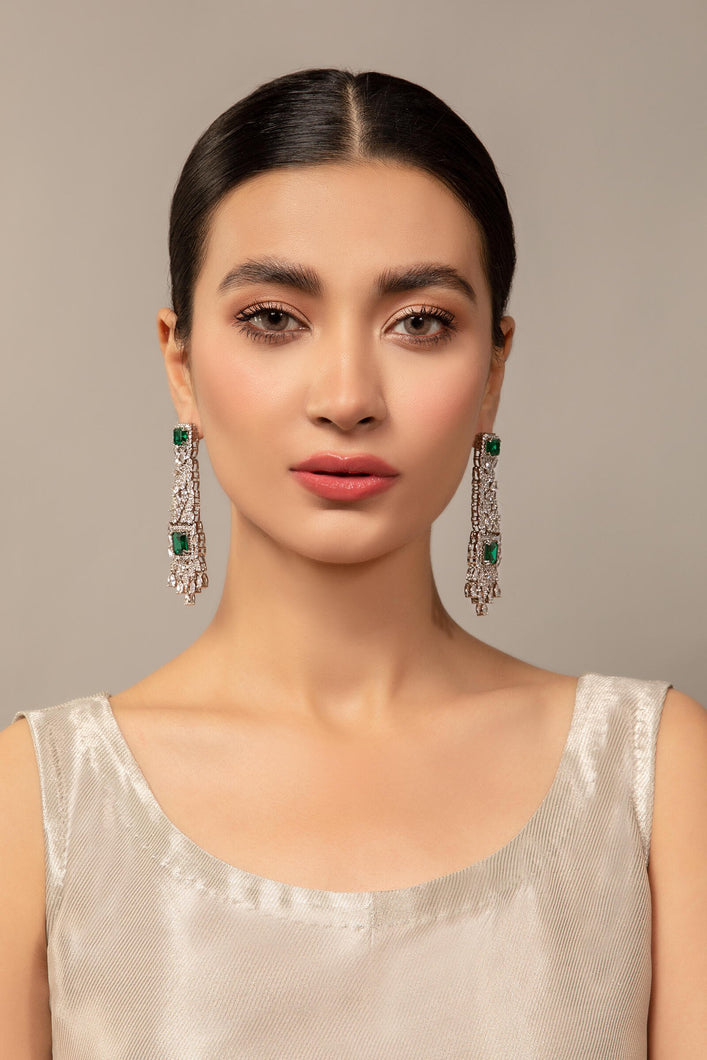 Buy Maria B Jewelry | Zircon Fine Jewelry | JER-046 Green Tourmaline Lavishly exaggerated high quality Zircon fine earring. This jewelry is from Maria B Heritage Collection 2022 in the UK, USA and Australia. We are the largest stockist of Maria B Pakistani Jewelry, ring, jhoomar, Ranihaar necklace and earrings.