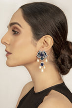 Load image into Gallery viewer, Handset american zirconia with blue glass enamel, lotus inspired flower with zircon embedded. This jewelry is from Maria B Heritage Collection 2021 in the UK, USA and Australia. Lebaasonline are the largest stockist of Maria B Pakistani Jewelry, ring, jhoomar, Ranihaar necklace and earrings with gold and silver plating