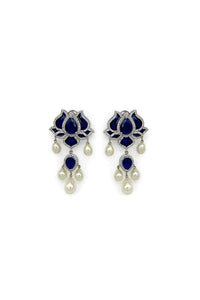 Handset american zirconia with blue glass enamel, lotus inspired flower with zircon embedded. This jewelry is from Maria B Heritage Collection 2021 in the UK, USA and Australia. Lebaasonline are the largest stockist of Maria B Pakistani Jewelry, ring, jhoomar, Ranihaar necklace and earrings with gold and silver plating