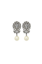 Load image into Gallery viewer, Rhodium plated earing in diamond cut zircons along with shalper pearl.. This jewelry is from Maria B Heritage Collection 2021 in the UK, USA and Australia. Lebaasonline are the largest stockist of Maria B Pakistani Jewelry, ring, jhoomar, Ranihaar necklace and earrings with gold and silver plating