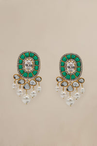 Livishly exaggerated high quality zircon fine earring of jade green and turquoise stones. This jewelry is from Maria B Heritage Collection 2022 in the UK, USA and Australia. Lebaasonline are the largest stockist of Maria B Pakistani Jewelry, ring, jhoomar, Ranihaar necklace and earrings with gold and silver plating