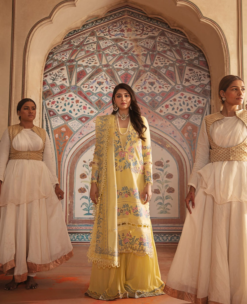 REPUBLIC WOMEN'S WEAR | NIGHAT LAWN COLLECTION '21 | D4 Pastel Yellow Winter wear for the Pakistani look. The Velvet salwar kameez, winter shawls designs of Republic women's wear, Maria B, Asim Jofa are available in our Pakistani designer boutique. Get Velvet suits in UK USA, France from Lebaasonline