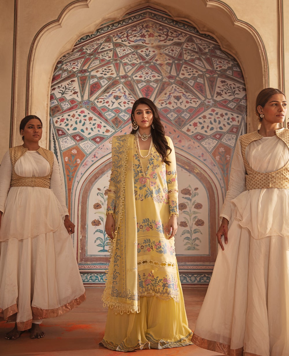 REPUBLIC WOMEN'S WEAR | NIGHAT LAWN COLLECTION '21 | D4 Pastel Yellow Winter wear for the Pakistani look. The Velvet salwar kameez, winter shawls designs of Republic women's wear, Maria B, Asim Jofa are available in our Pakistani designer boutique. Get Velvet suits in UK USA, France from Lebaasonline