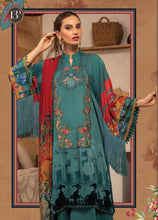 Load image into Gallery viewer, Maria B | M Prints Winter 21 | MPT-13-A Teal Winter Shawl dress @lebaasonline. We are largest stockists of various Pakistani designer dresses such as Maria B, Sana Safinaz. Evening/ Party wear dresses can be customized at our Pakistani designer boutique. Get Pakistani designer dresses online UK in USA, France!