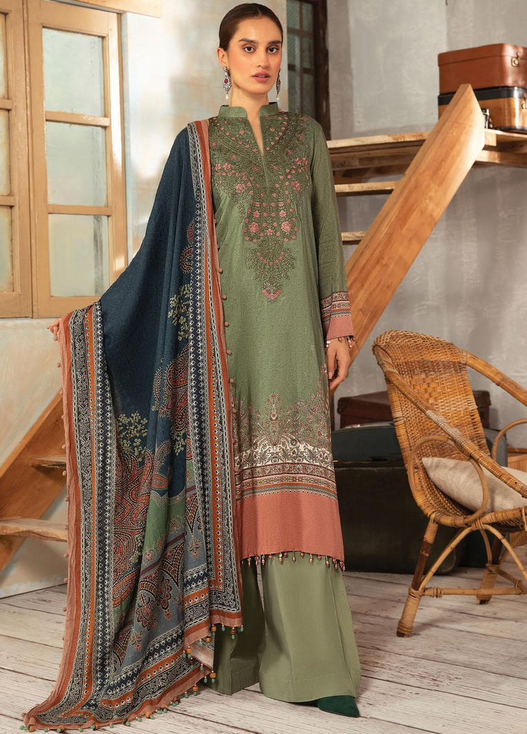 Maria B | M Prints Winter 21 | MPT-5-A Olive color Winter Shawl dress @lebaasonline. We are largest stockists of various Pakistani designer dresses such as Maria B, Sana Safinaz. Maria B UK Evening/Party wear dresses can be customized at our designer boutique. Get Pakistani designer dresses online UK in USA, France!