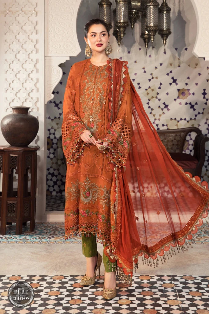 Buy MARIA B | CHIFFONS EID COLLECTION 2022 Rust Chiffon Pakistani designer dresses from our official website We have all Pakistani designer clothes of Maria b Chiffon 2022 Imoriza, Sobia Nazir Various Eid dresses can be bought online from our website Lebaasonline in UK Birhamgam America, France @lebaasonline