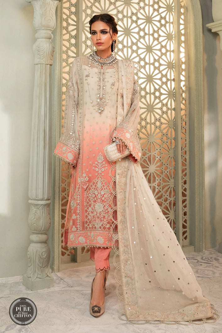 Buy Maria B Mbroidered Chiffon EID 2022 | Cream and Coral Pink Chiffon Pakistani designer dresses from our official website We have all Pakistani designer clothes of Eid dresses Maria b Chiffon 2021 Sobia Nazir Various Pakistani outfits can be bought online from our website Lebaasonline in UK Birhamgam America