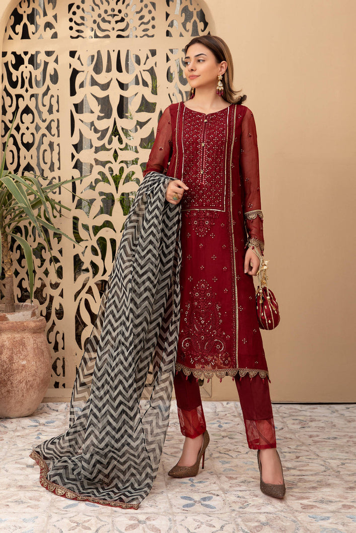 Buy Maria B Suit Maroon SF-EF21-10 Ready to Wear and Stitched. Straight shirt with embroidered border and sleeves paired with tissue embroidered gharara and contrast foiled printed dupatta. BUY MARIA B MPRINT EID DRESS, MARIA B M PRINT LAWN 2021 AT PAKISTANI OUTFITS UK from LebaasOnline in UK & USA at best prices
