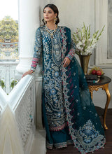 Load image into Gallery viewer, SORAYA PK | Wedding Collection 2023 SORAYA Lumene- FESTIVE Diana showcases a majestic festive approach layered in ice blue and mint green shades. A net pishwas embellished with multi-hued crystals, pitta, pearls, and gota work paired with crushed lehenga.