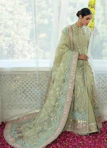 SORAYA PK | Wedding Collection 2023 SORAYA LUMENE- FESTIVE Aster showcases a majestic festive approach layered in ice blue and mint green shades. A net pishwas embellished with multi-hued crystals, pitta, pearls, and gota work paired with crushed lehenga.