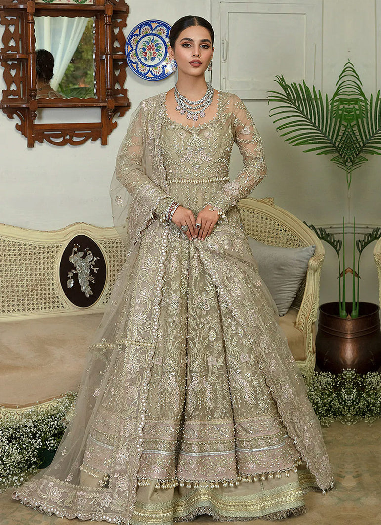 SORAYA PK | Wedding Collection 2023 SORAYA Lumene- FESTIVE Royale showcases a majestic festive approach layered in ice blue and mint green shades. A net pishwas embellished with multi-hued crystals, pitta, pearls, and gota work paired with crushed lehenga.