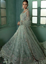 Load image into Gallery viewer, SORAYA PK | Wedding Collection 2023 SORAYA PETULLA- FESTIVE Petulla showcases a majestic festive approach layered in ice blue and mint green shades. A net pishwas embellished with multi-hued crystals, pitta, pearls, and gota work paired with crushed lehenga.
