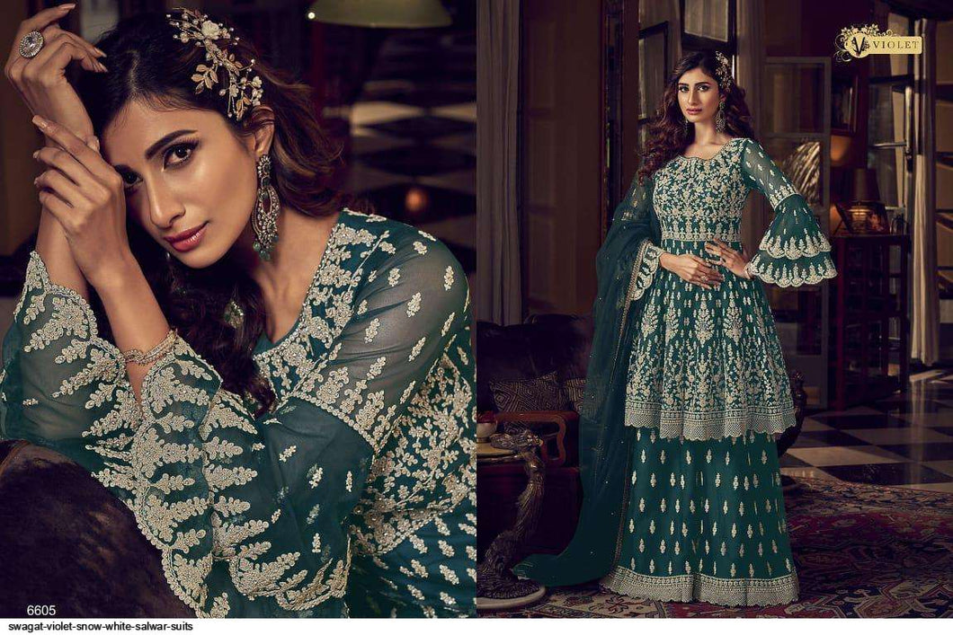 Buy SWAGAT VIOLET SNOW WHITE | 6605 Green Butterfly Net top Soft silk inner suit for this Party season. Get yourself customized with our Latest Indian Wedding Wear this Wedding season. We have elegant collection of various brands such as Swagat Vipul at our online store. Get outfit in USA, UK, Austria from Lebaasonline