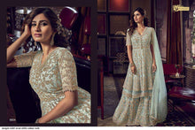 Load image into Gallery viewer, Buy SWAGAT VIOLET SNOW WHITE | 6604 SkyBlue Butterfly Net top Santoon inner suit for this Party season. Get yourself customized with our Latest Indian Wedding Wear this Wedding season. We have elegant collection of various brands such as Swagat Vipul at our online store. Get outfit in USA, UK, Austria from Lebaasonline