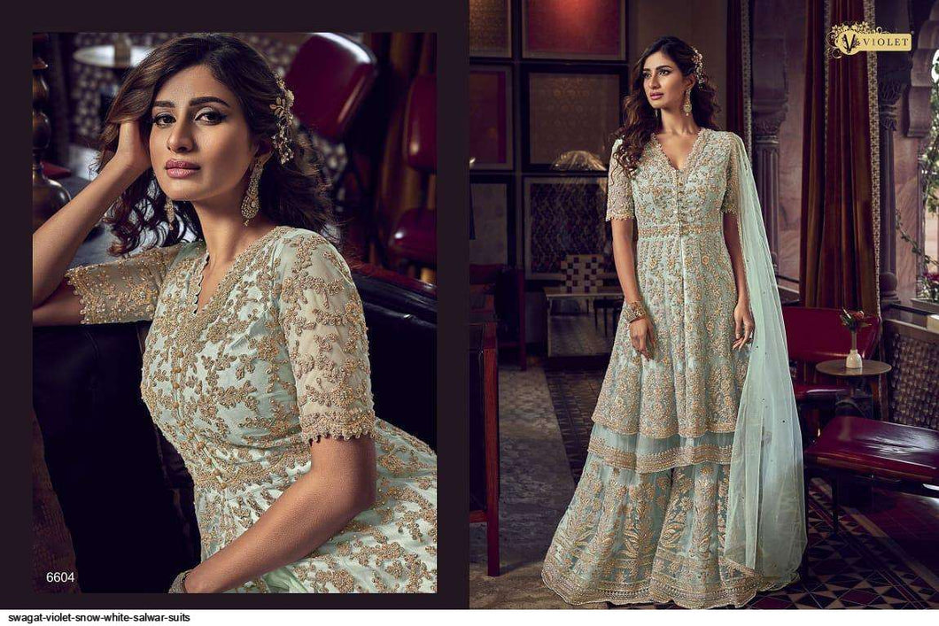 Buy SWAGAT VIOLET SNOW WHITE | 6604 SkyBlue Butterfly Net top Santoon inner suit for this Party season. Get yourself customized with our Latest Indian Wedding Wear this Wedding season. We have elegant collection of various brands such as Swagat Vipul at our online store. Get outfit in USA, UK, Austria from Lebaasonline